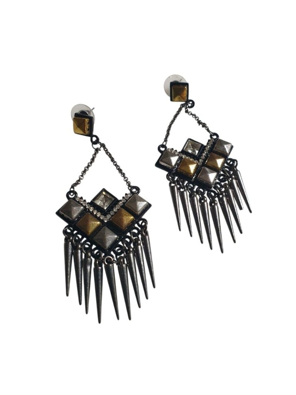 Spike Drop Dangle Earrings Rock Edgy Black Gold Silver Stud Chain Rhinestone